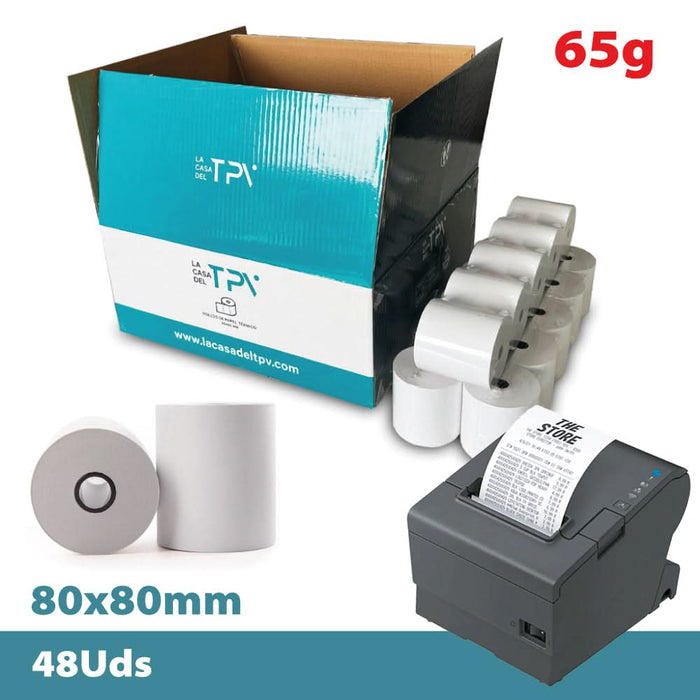Caja 48 rollos papel térmico 80 x 80 x mm 65g Sin Bisfenol