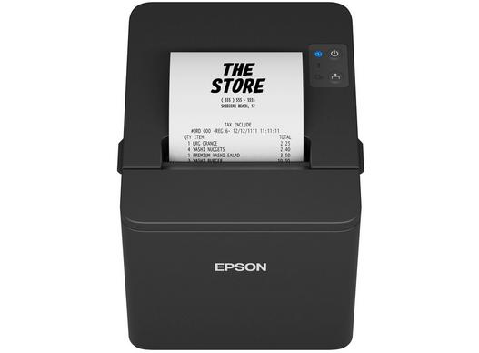 Epson TM-T20IV negra, vista frontal con ticket de 80 mm