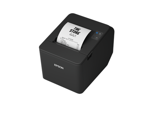 Epson TM-T20IV negra, vista lateral izquierda con ticket de 80 mm