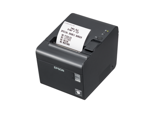 Epson TM-L90LF gris oscuro, vista lateral izquierda con papel