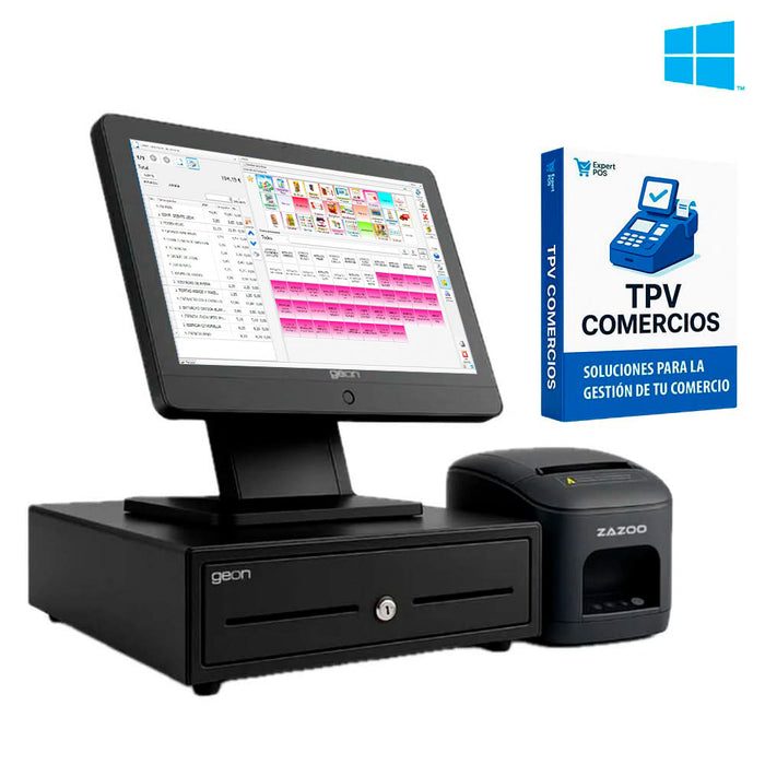 KIT TPV + EXPERT POS COMERCIO Windows SUNPOS i3 | Intel i3-1215U | 8GB RAM | 128GB | 15.6” | Cajón + Impresora
