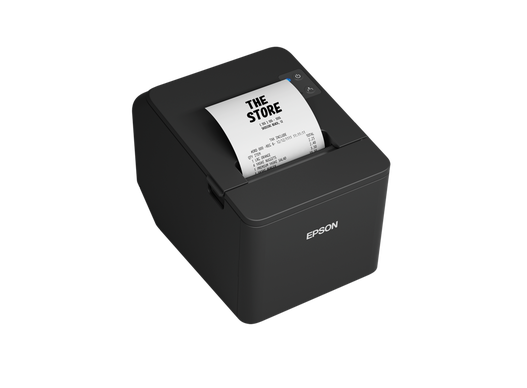 Epson TM-T20IV negra, vista lateral derecha con ticket de 80 mm