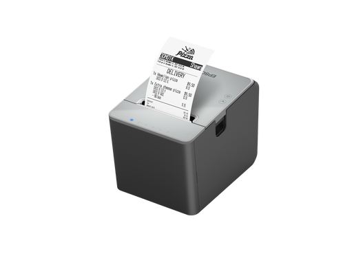 Epson TM-L100 negra, vista lateral con etiqueta