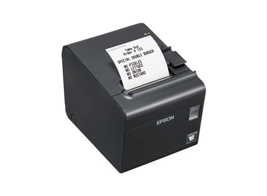 Epson TM-L90LF gris oscuro, vista lateral derecha con papel