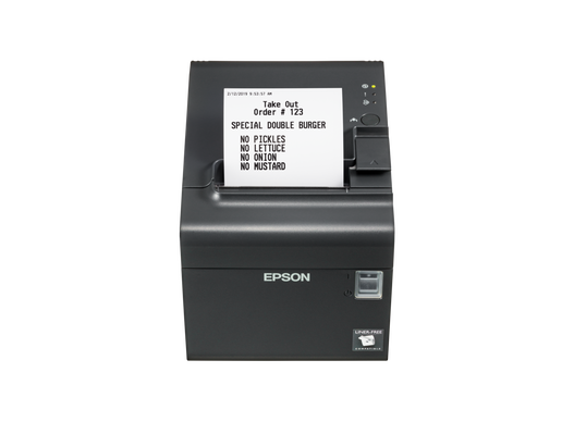 Epson TM-L90LF gris oscuro, vista frontal con papel