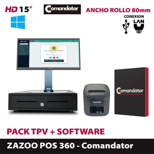 Pack ZAZOO + SOFTWARE: ZAZOO 360/Impresora térmica de tickets/Cajón portamonedas automático · Comandator