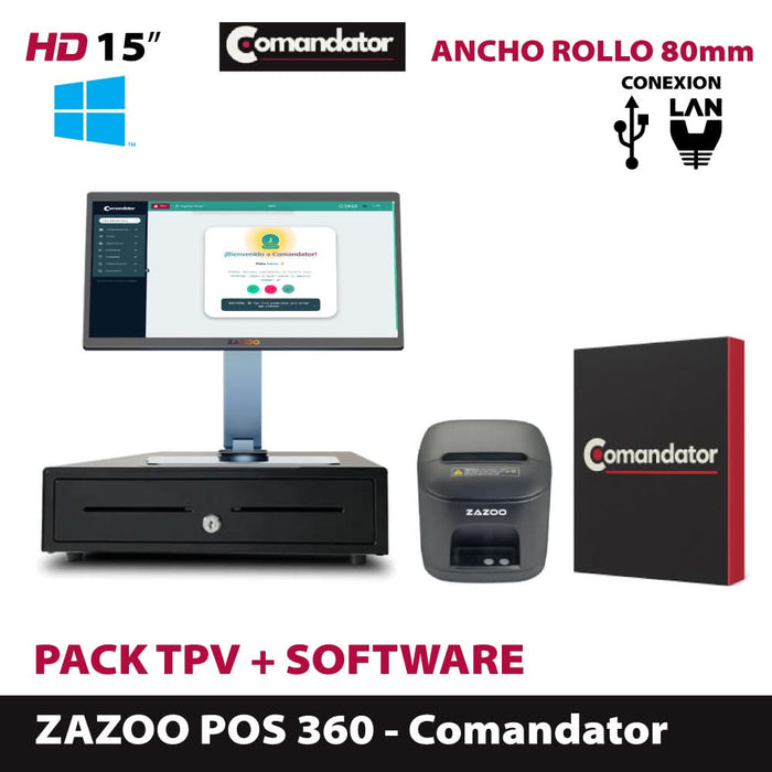 Pack ZAZOO + SOFTWARE: ZAZOO 360/Impresora térmica de tickets/Cajón portamonedas automático · Comandator