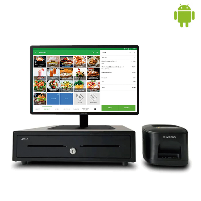 KIT TPV + LOYVERSE Android ZAZOO POS 360 | Hexa-Core RK3399 | 4GB RAM | 64GB | 15" | Cajón + Impresora