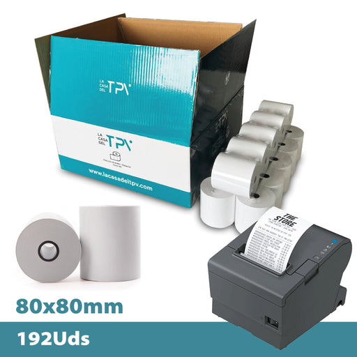 Caja 192 rollos papel térmico 80 x 80 x mm Sin Bisfenol