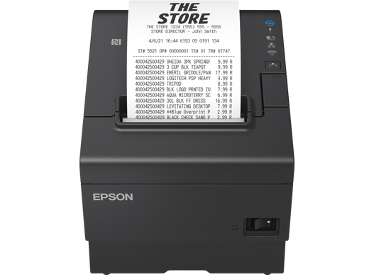 Epson TM-T88VII negra, vista principal con ticket