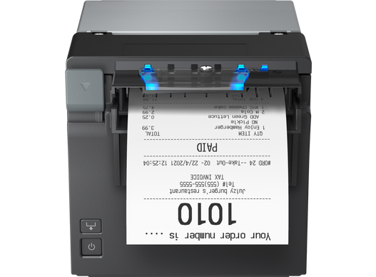 Impresora Epson EU-m30 C31CK01002 negra, vista frontal con salida de papel