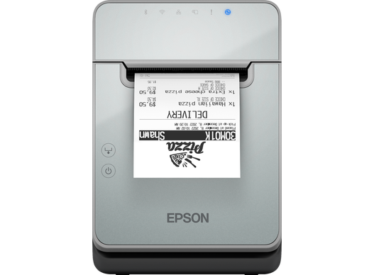 Epson TM-L100 negra, vista principal con etiqueta