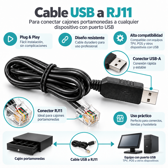Cable USB - RJ11 | Adaptador cajón portamonedas
