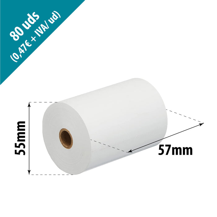 Caja de 80 rollos papel térmico  57 x 55 mm Sin Bisfenol
