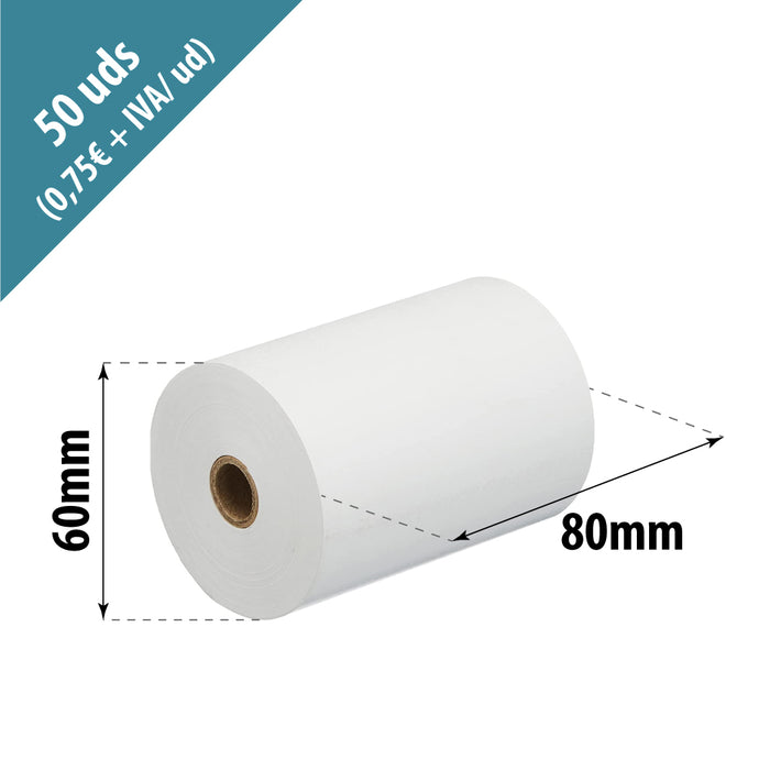 Caja 50 rollos papel térmico 80 x 60 x mm Sin Bisfenol