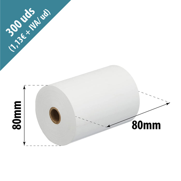 Caja 300 rollos papel térmico 80 x 80 x mm Sin Bisfenol