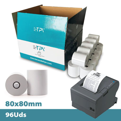 Caja 96 rollos papel térmico 80 x 80 x mm Sin Bisfenol