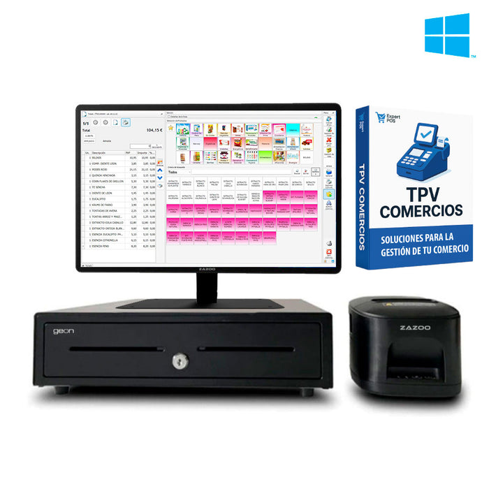 KIT TPV + EXPERT POS COMERCIOS Windows ZAZOO 360 | Intel N150 | 8GB RAM | 128GB SSD | 15" | Cajón + Impresora