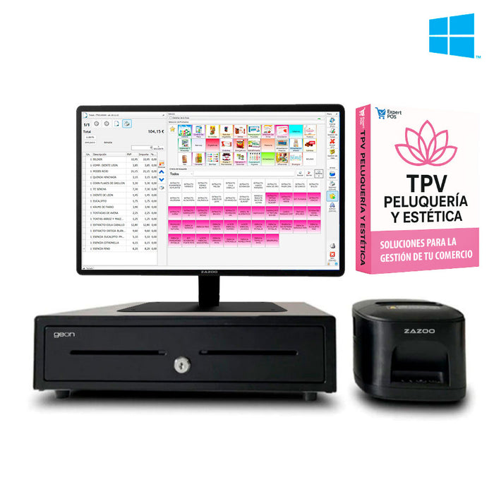KIT TPV + EXPERT POS PELUQUERIA Windows ZAZOO 360 | Intel N150 | 8GB RAM | 128GB SSD | 15" | Cajón + Impresora