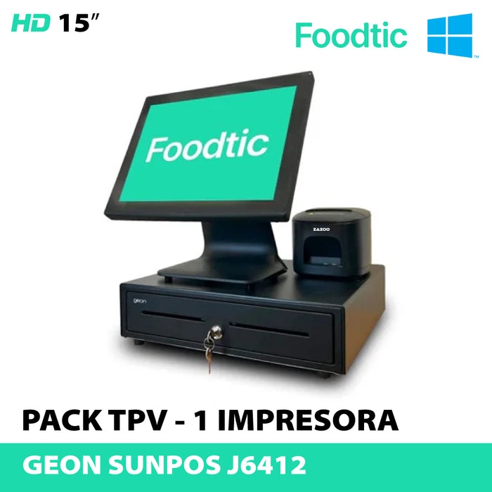 Pack GEON SUNPOS J6412: GEON SUNPOS J6412 / Impresora térmica de tickets/Cajón portamonedas automático · FOODTIC