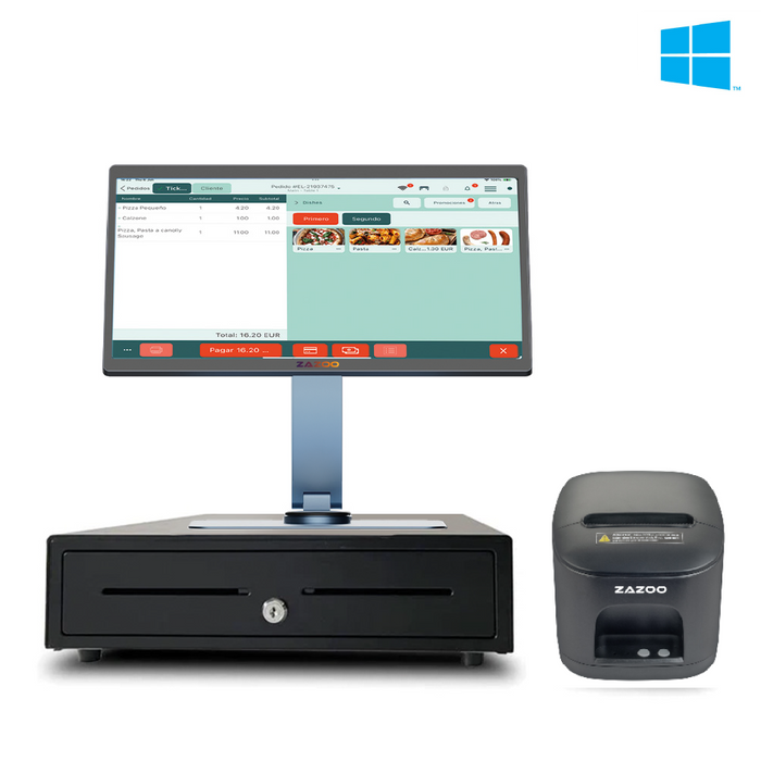 Pack TPV Windows ZAZOO 360 | Quad-Core J4125 | 8GB RAM | 128GB SSD | 15" | Cajón + Impresora