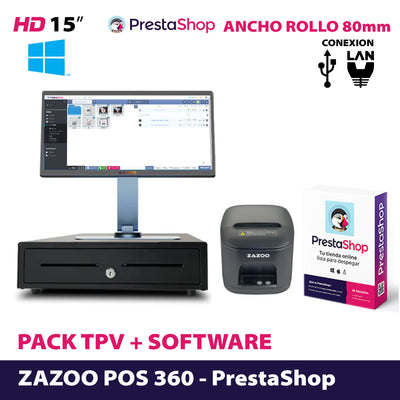 Pack ZAZOO + SOFTWARE: ZAZOO 360/Impresora térmica de tickets/Cajón portamonedas automático · POS TPV Prestashop
