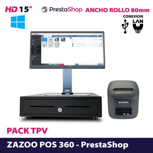 Pack ZAZOO: ZAZOO 360/Impresora térmica de tickets/Cajón portamonedas automático · POS TPV Prestashop