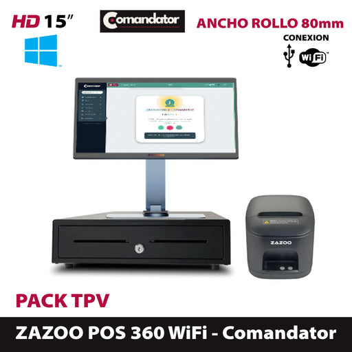Pack ZAZOO Wi-Fi: ZAZOO 360/Impresora térmica de tickets Wifi/Cajón portamonedas automático · Comandator