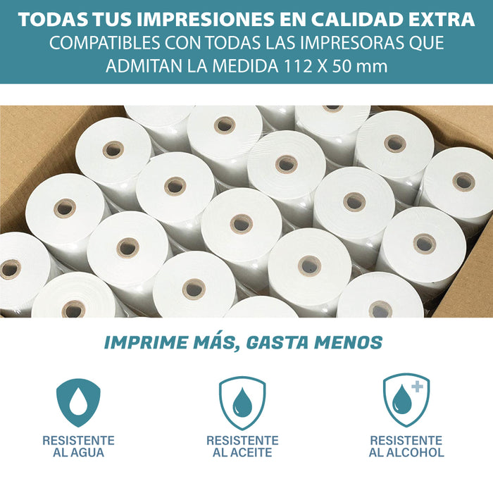 Caja 50 rollos papel térmico SIN BISFENOL 112 x 50 mm 60gr