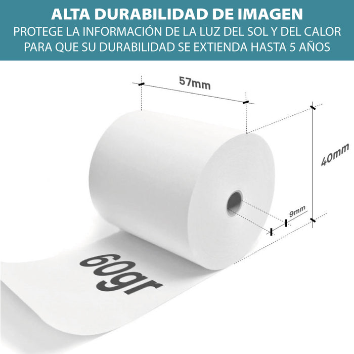 PAPEL TÉRMICO | 100 ROLLOS | 57 x 40 mm | Sin Bisfenol