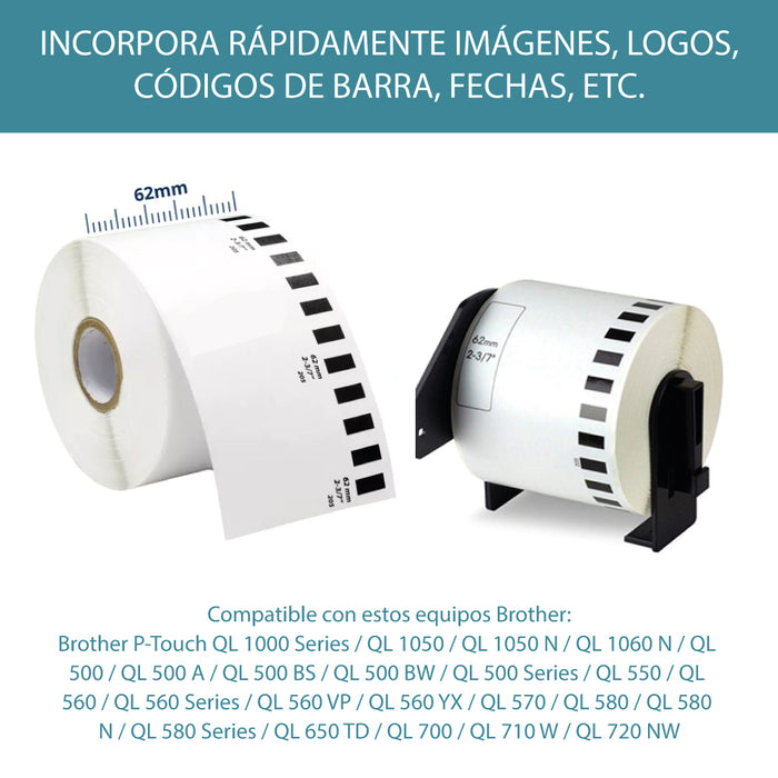 Caja 48 rollos Cinta Brother DK-22205 QL Rollo Papel Continuo 62mm x 30.48 Metros Generico
