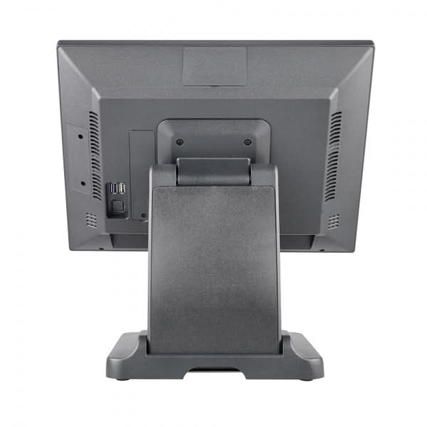 Vista posterior del TPV POS-600 con base estable y gestión integrada de cables.
