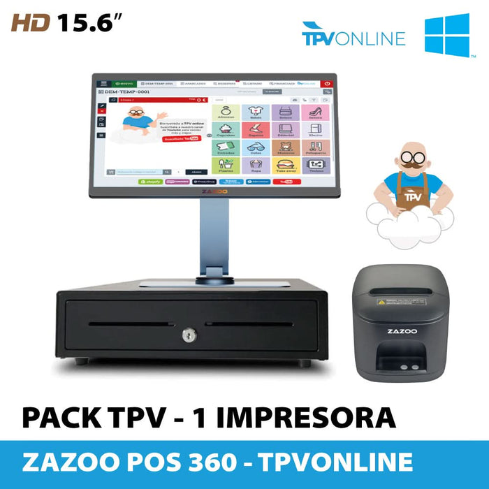 Pack ZAZOO: ZAZOO 360/Impresora térmica de tickets/Cajón portamonedas automático · TPVONLINE