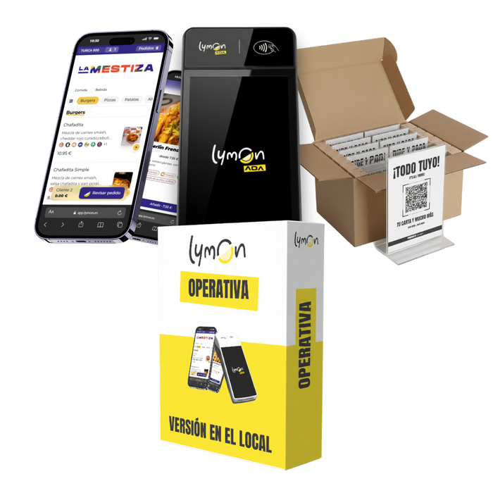 Datáfono inteligente negro  + licencia de Lymon Operativa "EN EL LOCAL" con 30 días de prueba + puesta en marcha + 25 peanas en T con QR Lymon estándar