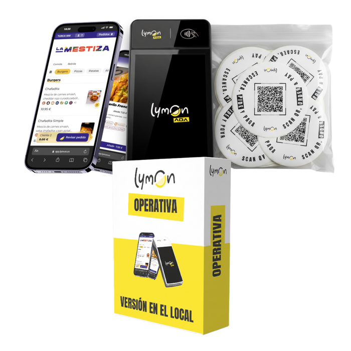 Datáfono inteligente negro + licencia de Lymon Operativa "EN EL LOCAL" con 30 días de prueba + puesta en marcha + 25 pegatinas QR Lymon estándar