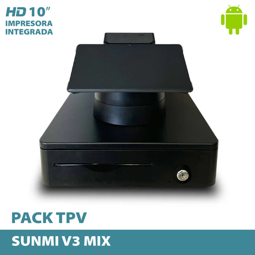 Pack TPV Android SUNMI V3 MIX | Qualcomm Hexa-Core | 4GB RAM | 32GB | 10.1" | NFC | Impresora 80mm | + Cajón