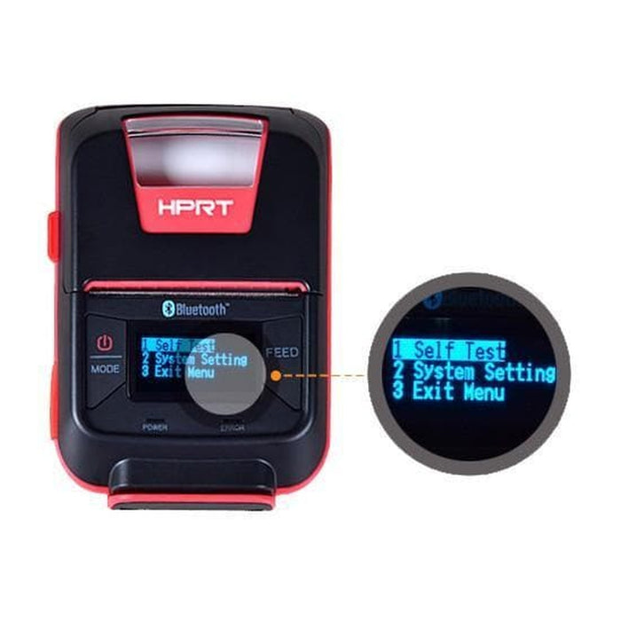 Impresora HPRT HM-E200 — detalle de pantalla y menú